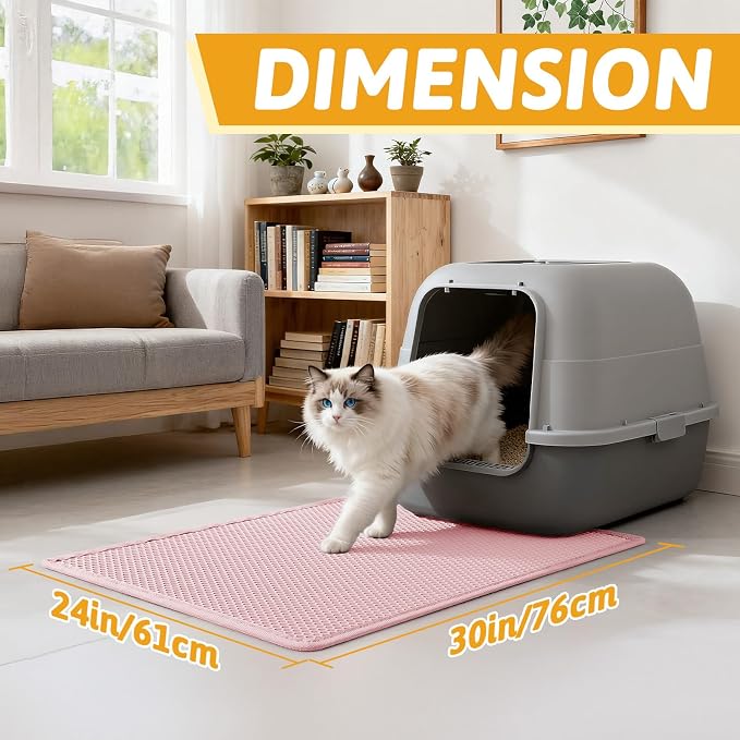 Pieviev Litter Box Mat, Double-Layer Urineproof Design, 30" x 24" Pink | Honeycomb Litter Trapping Mat Captures Scattered Particles to Stop Tracking, Waterproof Base Protects Floors, Easy to Clean