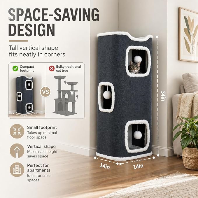 Three-Tier Cat Tree for Indoor Cats, Multi-Level Cat Tower with Cat Hideaway, Soft Cat Bed, Interactive Toy Ball & Scratching Posts, Space-Saving Cat Furniture for Apartments (L)