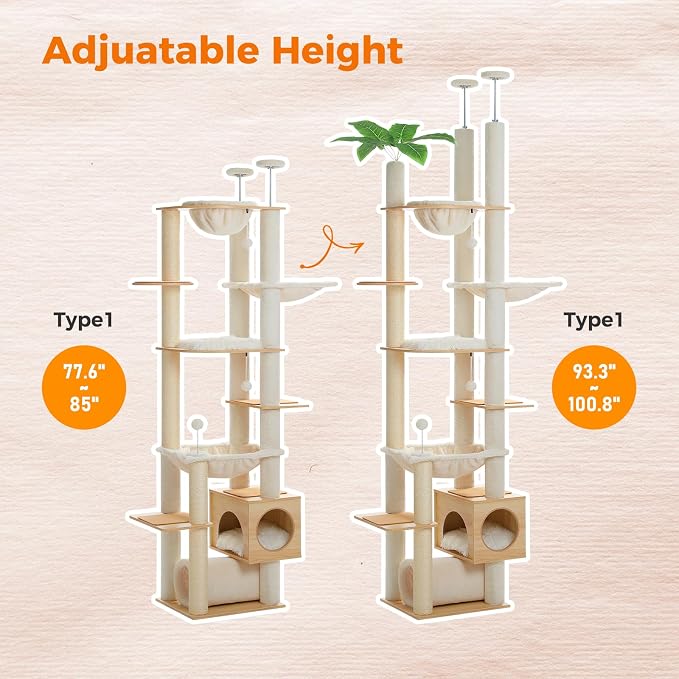 PEQULTI Floor to Ceiling Cat Tree, 93-101'' Adjustable Wooden Tower, Beige | Tri-column tower with ceiling posts & wall straps; 7 levels, condo, large hammock, 6 sisal posts & perches for adult cats