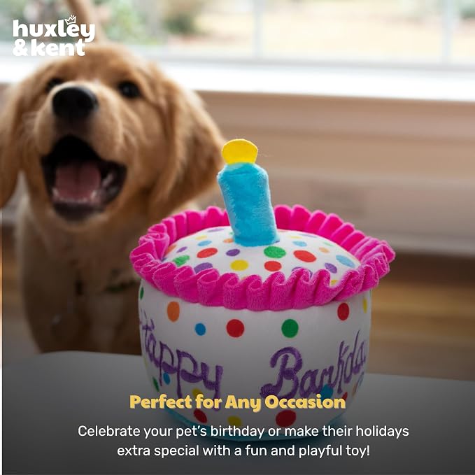 Huxley & Kent Funny Dog Toy w/Squeaker – Power Plush Squeaky Dog Toys for Small, Medium & Large Dogs – Soft Stuffed Animal for Indoor Play & Fetch - Happy Barkday Cake, Small
