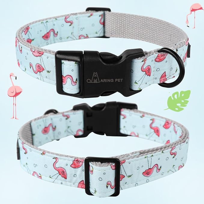 ARING PET Summer Dog Collar, Cute Flamingo Adjustable Lightweight Cotton Pet Collars for Small Medium Large Boy and Girl Dogs, Large