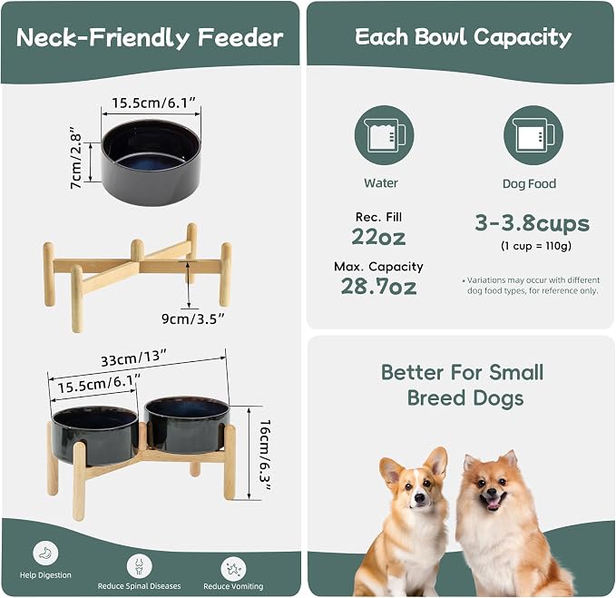 Havniva 6.1inch Ceramic Raised Dog Bowl with Stand, Double Dog Bowls Elevated for Small and Medium Breed Dog Food and Water Bowl Set Non-Slip Dog Dish Large Capacity Feeding Pet Water Bowl