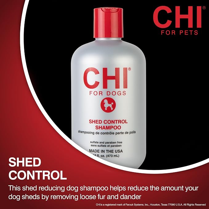 CHI for Dogs Shed Control Shampoo Anti-Shedding Formula Reduces Loose Hair Sulfate and Paraben Free pH Balanced Cruelty Free All Coat Types 16 FL OZ USA for Dogs Puppies and All Breeds Grooming