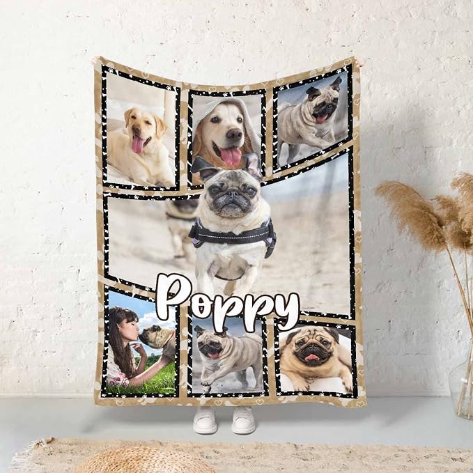 Custom Dog Pet Photo Memorial Blanket Dog Animal Footprint Personalized Loss of Dog Memorial Fleece Blankets Ultra-Soft Micro Throw Blanket Gift for Kids Grieving Pet Owner 50X60 Inch