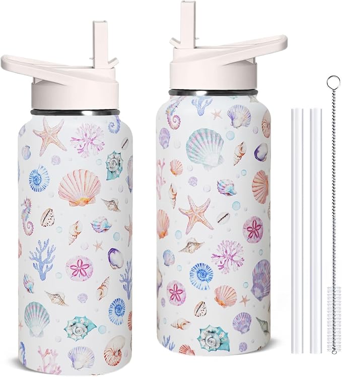 32oz Rainbow Seashells Stainless Steel Insulated Water Bottle with Straw, Beach Ocean Sports Coffee Travel Mug, Coastal Themed Gifts for Women Seashell Decor Accessories