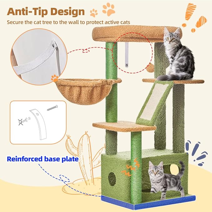 Taoqimiao Cactus, Cat Tree, 38.5In Cat Tower for Indoor Cats, for Kittens | Thick Padded Top Perch, Luxurious Cat Condo, Adjustable Basket, 1-Piece Ramp Scratcher, 3 Natural Sisal Posts, MS029ST