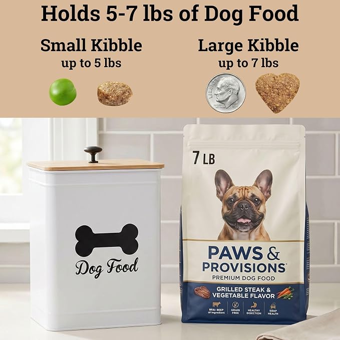 Dog Food Container Airtight Bamboo Lid 5-7 lb, 25 Cups, Sturdy Metal Handle | Pet Jar For Dogs up to 50lbs, Airtight Bamboo Lid, Sturdy Comfortable Metal Handle, Powder Coated Iron, Kibble Storage Bin