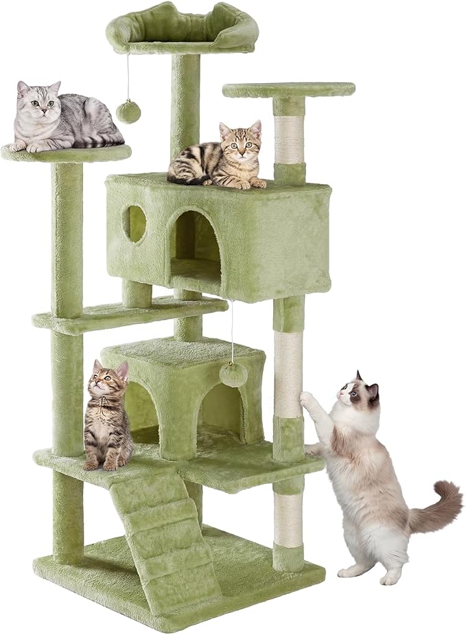 Sweetcrispy 54-inch Cat Tree Tower with Scratching Posts, Indoor Use | Multi-Level Indoor Cat Tree Condo with Climbing Ladder, Plush Toy, Play House for Kitten, Green