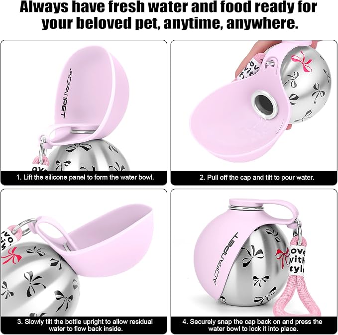 Portable Dog Water Bottle 10oz Stainless Steel Travel Dog Water Dispenser with Bowl No-Spill Puppy Water Bottle for Walking Hiking Small Dog Water Bottle (Pink Bow Print)
