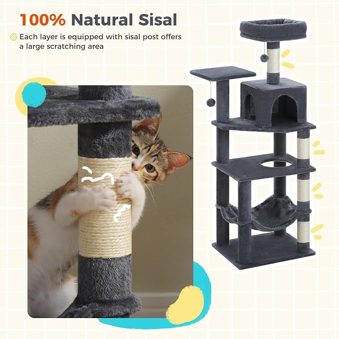 PEQULTI 56.3'' Cat Tree for Indoor Cats, Multi-Level Cat Tower with 2 Top Perch, Cat Condo, Hammock and Sisal-Covered Scratching Post, Smoky Grey