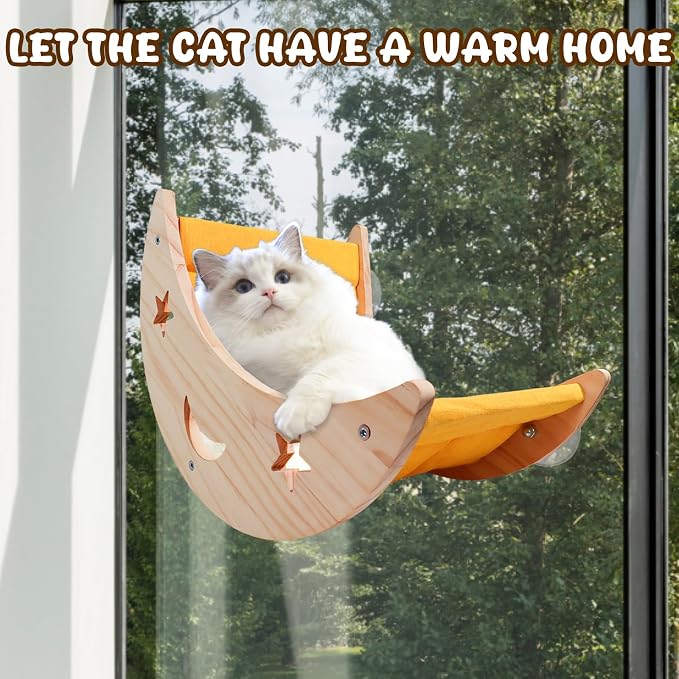 Cat Hammock Moon Bed Window Mounted Hammock Strong Suction Cup Shelves and Perches Solid Wood Furniture Platforms Beds Hanging for Cats and Kitty Easy Installation Single Moon