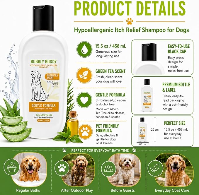 Hypoallergenic Itch Relief Shampoo for Dogs, Green Tea Scent Dog Shampoo with Aloe, Tea Tree Oil, Colloidal Oatmeal, Jojoba Oil & Vitamin E, pH Balanced Sensitive Skin & Anti-Itch Care, 15.5 fl oz