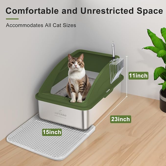 AIPERRO Stainless Steel Litter Box | XL Enclosed Metal Cat Litter Boxes | High Sided with Lid for Big Cats | Anti-Urine Leakage | Non-Stick Bottom & Includes Litter Mat & Metal Scoop (Olive Green)