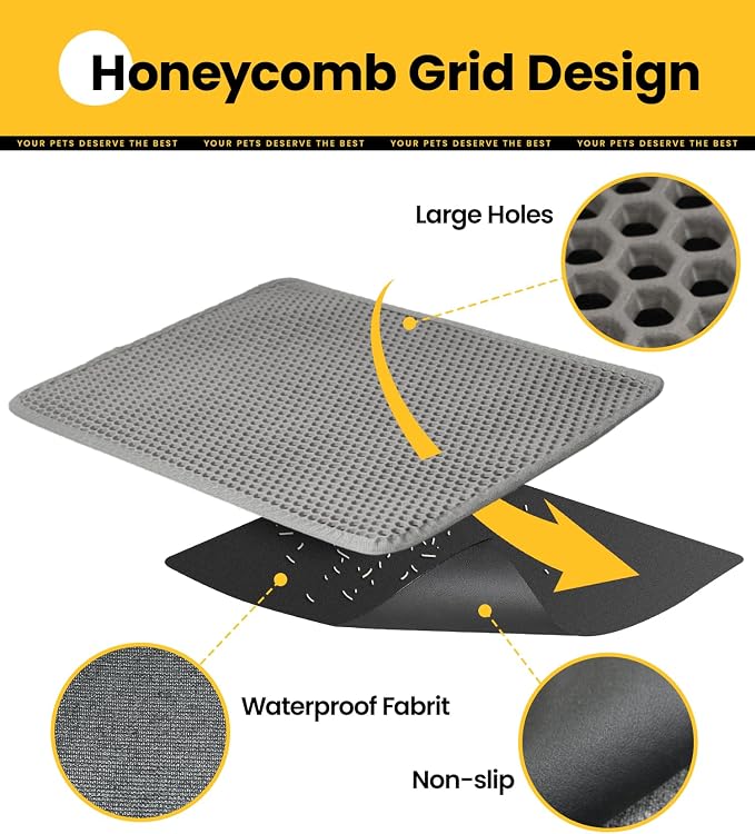Conlun Cat Litter Trapping Mat for Small Spaces, 23.6"x14.6" Space-Saving Litter Box Floor Mat, Hexagon Grids & Anti-Leak Base, Machine Washable, Non-Slip Kitty Matt for Apartment, Gray