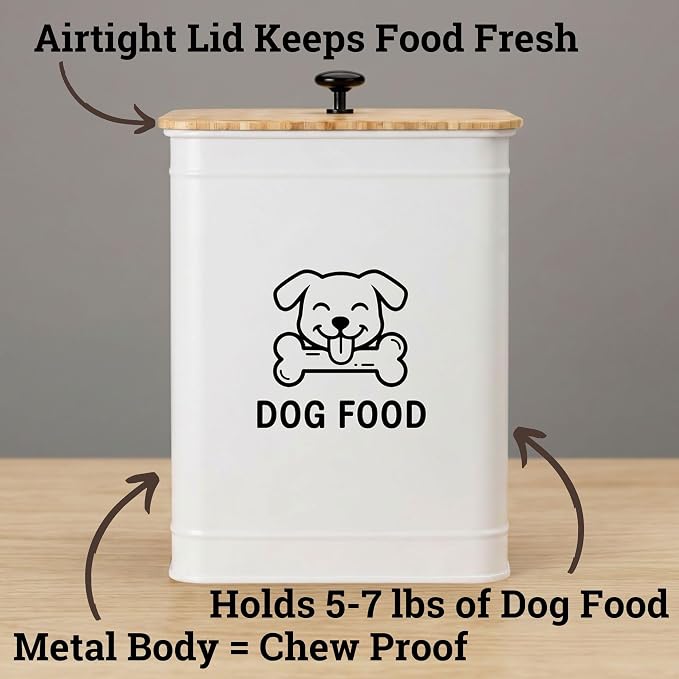 Metal Dog Food Container 5-7lb, 25 Cup w/ Airtight Bamboo Lid, Metal Handle | Pet Jar For Dogs up to 50lbs, Airtight Bamboo Lid, Sturdy Comfortable Metal Handle, Powder Coated Iron, Kibble Storage Bin