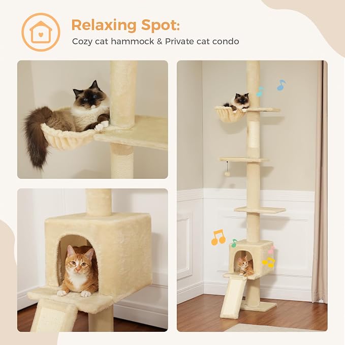 PEQULTI Floor to Ceiling Cat Tree, Adjustable 83-108in 5-Level Tower, Beige | Tension-mounted tall cat tower with 5 levels, cozy condo, hammock & sisal scratching post; wide base for indoor adult cats