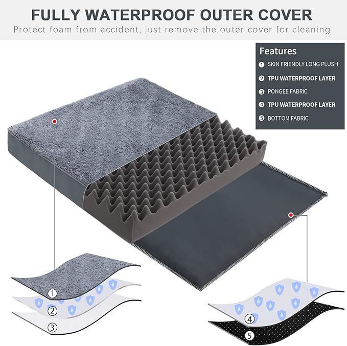 Waterproof Extra Large Size Dog Crate Bed Orthopedic 44x32 Grey | Removable Washable Cover, Egg Crate Foam, Soft Plush Flat Pet Mat, Non-Slip Bottom, Fits Extra Large Dogs Up to 100 lbs