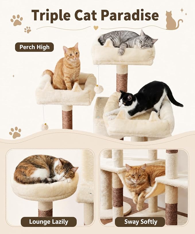 Cat Tower, 71 Inch Heavy Duty Cat Tree for Large Cats | Tall Multi-Level Cat Tree Tower with Extended Base, 2 Condos, 3 Perches, 9 Sisal Posts & Hammock for Indoor Adult Cats, Beige