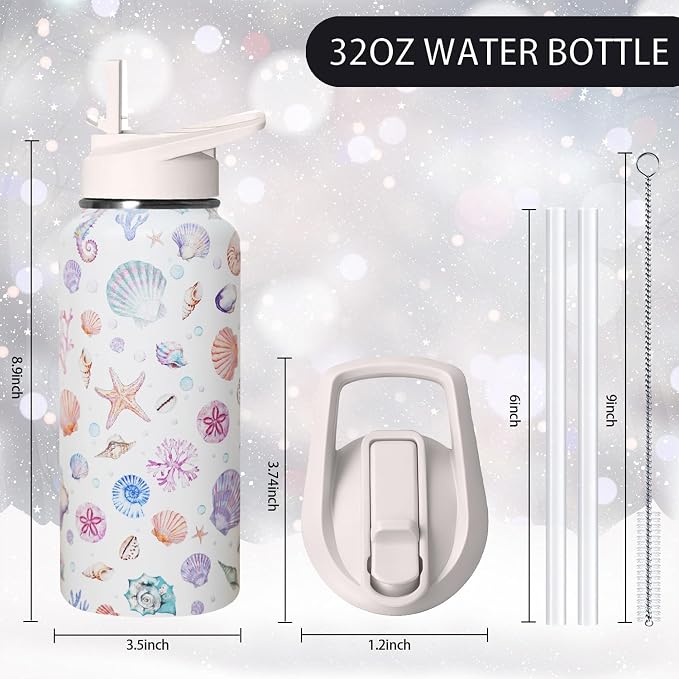 32oz Rainbow Seashells Stainless Steel Insulated Water Bottle with Straw, Beach Ocean Sports Coffee Travel Mug, Coastal Themed Gifts for Women Seashell Decor Accessories