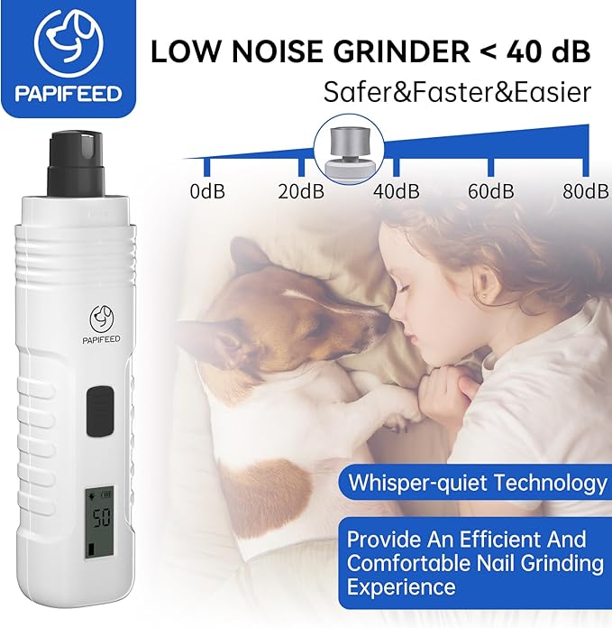 PAPIFFEED Dog Nail Grinder with LCD Display – Quiet Electric Nail Trimmer with Dual LED Light, Safe for Black & Thick Nails, Rechargeable for Small Medium Large Dogs & Cats (White)
