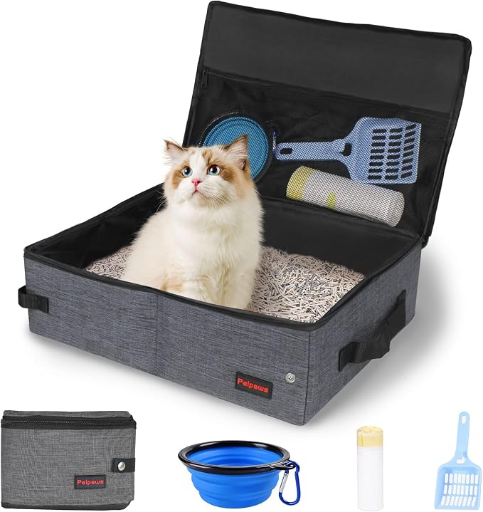 Portable Cat Travel Litter Box. Zipped Lid, Collapsible Litter Box for Cats. No Leakage, No Smell. Easy to Carry. Used for Hotels, Camping, Car (Gray,L)