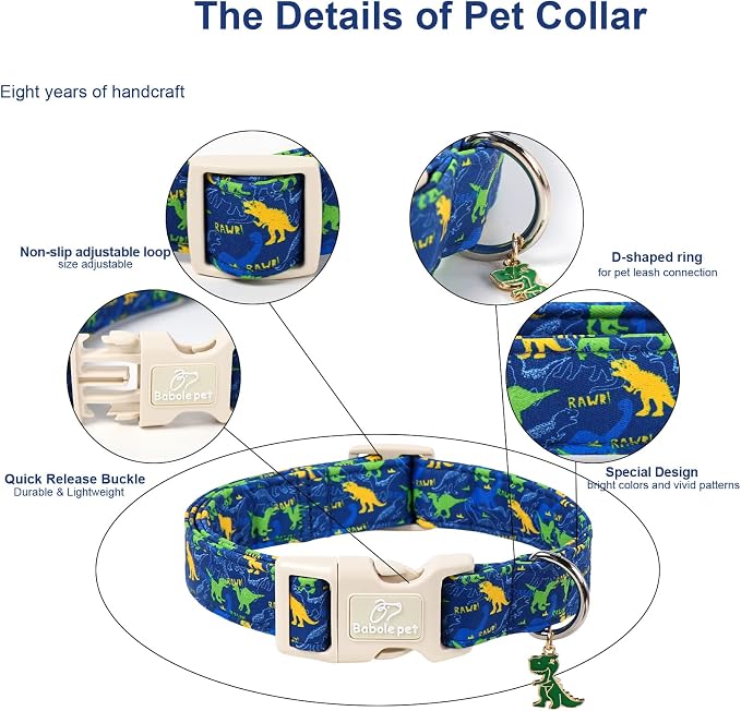 Dinosaur Dog Collar, Cute Boy Dog Collars for Medium Dogs - Blue Multicolor Dino Cotton Male Dogs Collar, Soft Adjustable Daily Pet Collars with Quick Release Buckle M