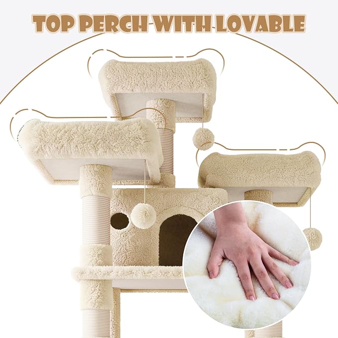 SHA CERLIN 81 Inches Extra Large Cat Tree for Indoor Adult Cats/XXL Big Cat Tower with Condo/Cozy Perches/Sisal Scratching Posts and Hammocks/Activity Center/F80/Heavy Duty/Beige