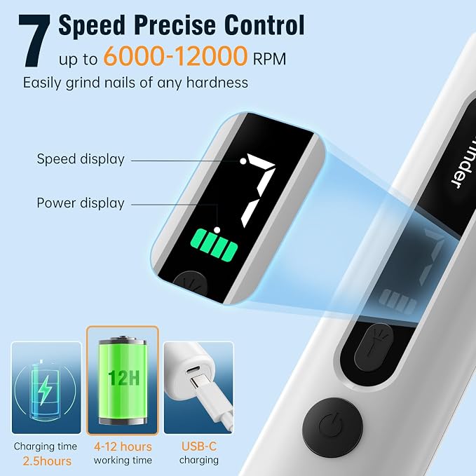 Dog Nail Grinder, Safe Electric Pet Nail Trimmer for Dog Grooming | 7-Speed Adjustable, Quiet Low Vibration, LED Light & Sponge Dust Collector, Painless Trimming, Storage Bag (Black & White)