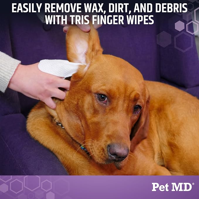 Pet MD Tris Ear Finger Wipes for Dogs & Cats - 50ct | Multipurpose Cleansing Solution Cat Ear Wipes & Puppy Ear Cleaner - Pet Safe Cleaner to Clean and Remove Debris