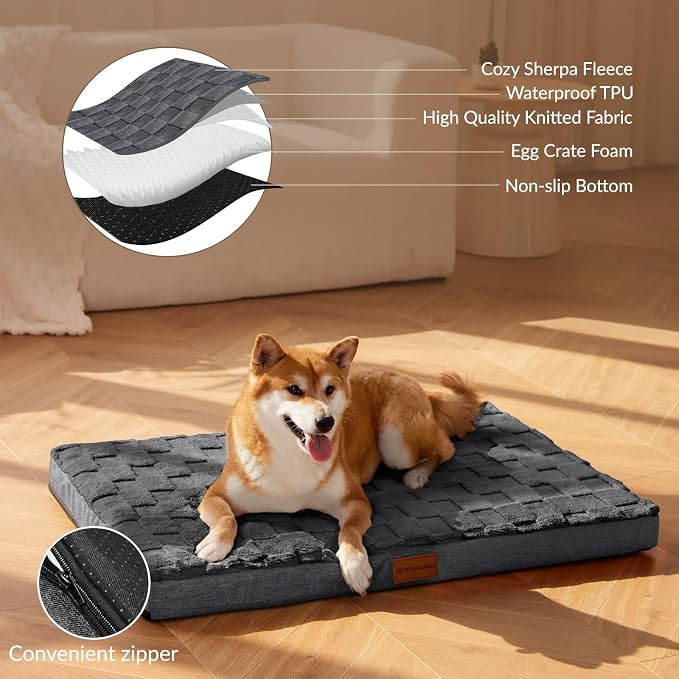 Patas Lague Orthopedic Large Dog Bed Pet Crate Mat 42''X28'' Dark Grey | Egg-Crate Foam Dog Couch For Large Sized Dogs, Waterproof Removable Cover, Soft Pet Bed With Nonskid Bottom