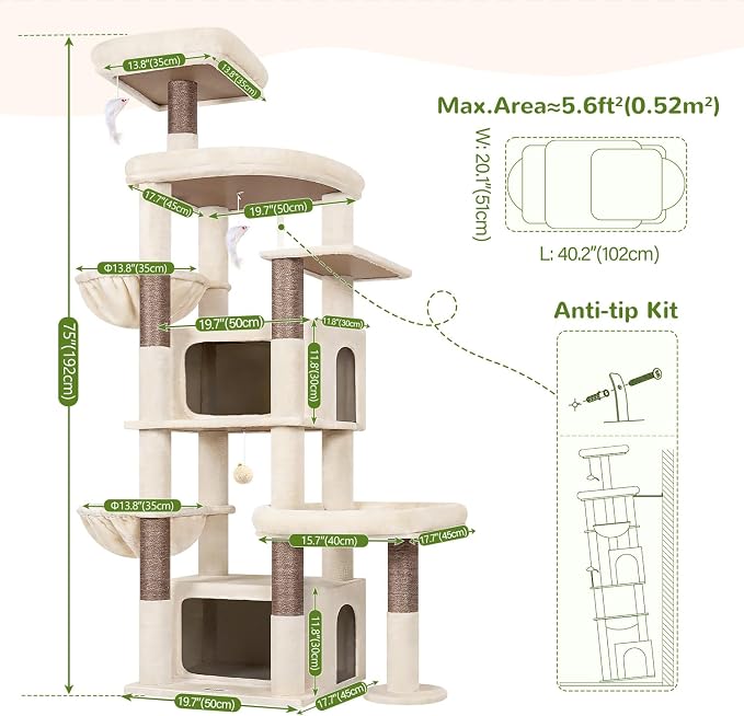 Globlazer 75in Sturdy Cat Tree Tower for Indoor Large Cats, S75, Beige | Multi-Level Heavy Duty Cat Tower with Scratching Post, Oversized Condos & Perches for Big Cats, Large Baskets, Enlarged Base