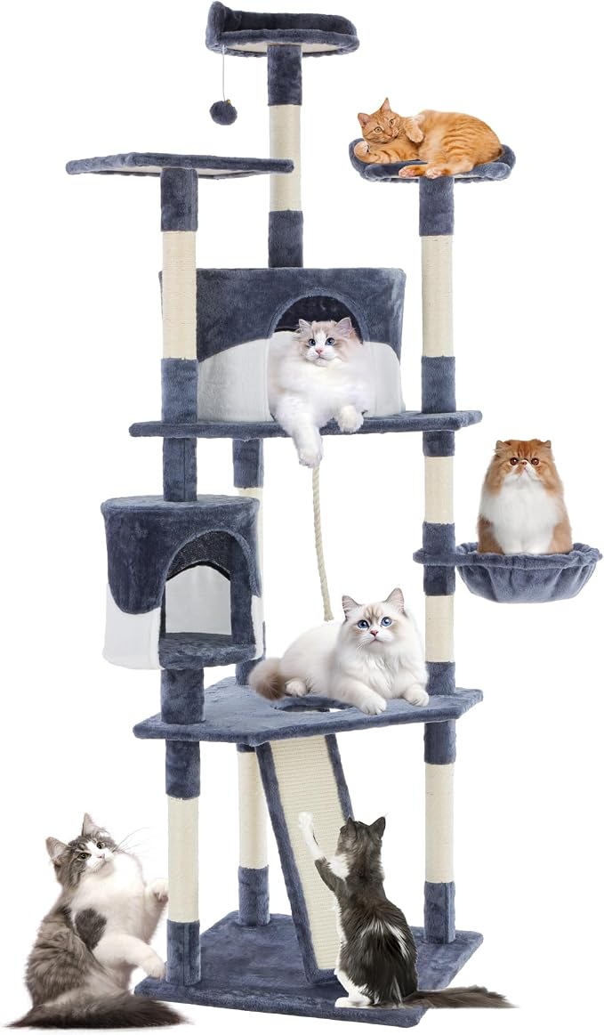 DUMOS Tall 79in Cat Tree Tower with Scratching Posts, Indoor Cats Use | Large Multi Level Cats Climbing Tower with Condo, Extended Platform, Basket, Pet Tree House for Cats Play, Dark Grey