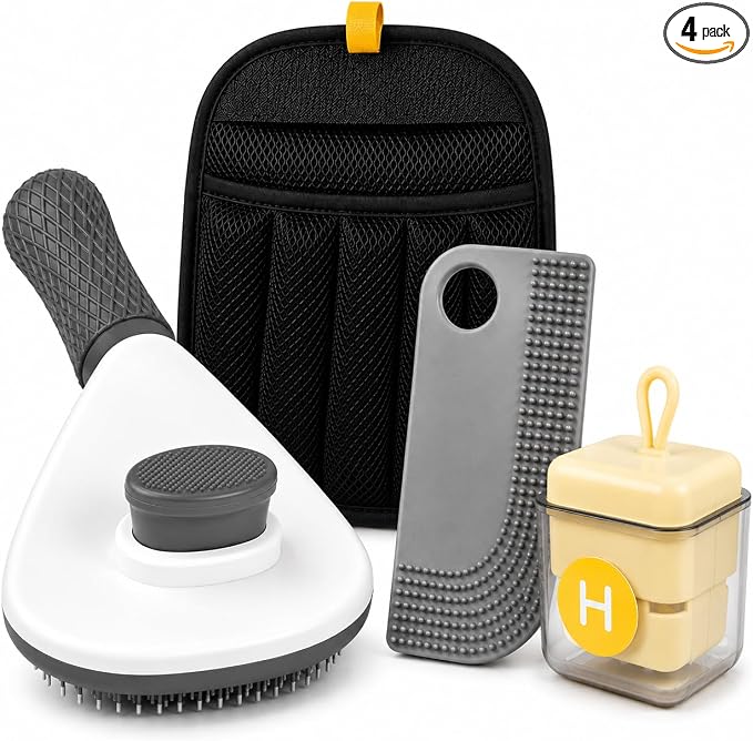 4-in-1 Pet Hair Remover Kit with Pet Hair Removal Glove, Dog Brush for Shedding, Self Cleaning Slicker Brush, Silicone Pet Hair Remover,Reusable Lint Roller for Dogs, Cats, Furniture, Carpet & Clothes