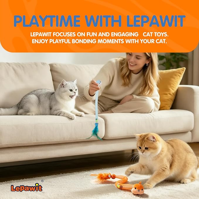 Cat Feather Toys 4 Pack for Indoor Cats – Interactive Cat Teaser Toys with Bell, Pom-Pom & Flexible Snake Tube, Fun Kitten Toys for Hunting, Chasing & Exercise