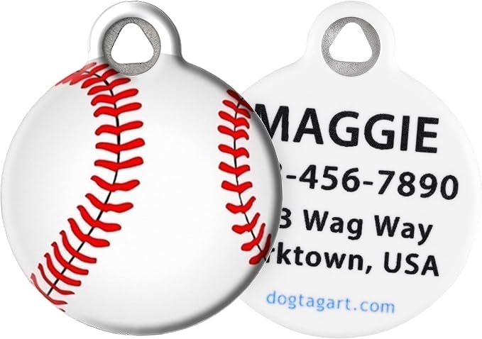 Baseball Sports Themed Pet ID Tag for Dogs and Cats, Silent Dog tag with Customized Identification Information - Small .875" Diameter