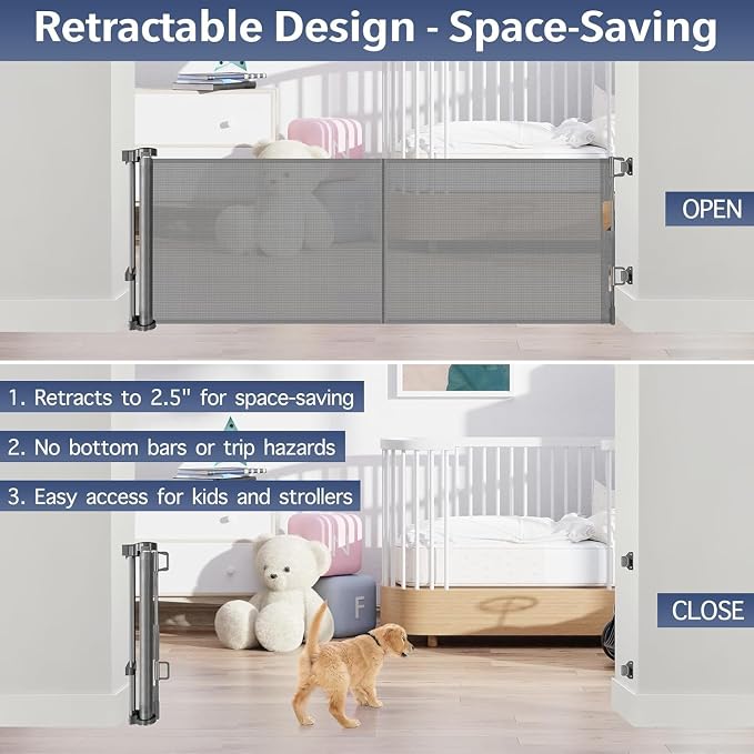 Reinforced 18 Inch Tall Retractable Pet Gate Short Dog Gates to Step Over, 55" Wide Small Dog Gate Indoor Outdoor Retractable Gate, Low Dog Gate Doggy Gate Puppy Gates for Doorways, Stairs, Gray