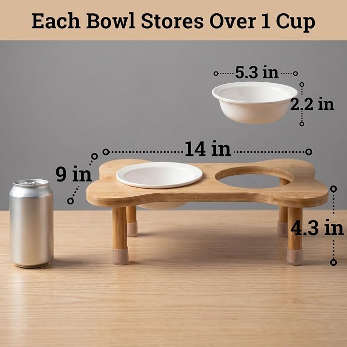 Elevated Dog Bowls for Small Dogs, Set of 2 Ceramic Dog Bowls with Stand | Screw-in Bamboo Legs, Pre-Drilled Holes, Anti-Slip Bamboo Stand, Easy to Assemble, Set of 2 Dog Bowls for Dogs up to 20 lbs