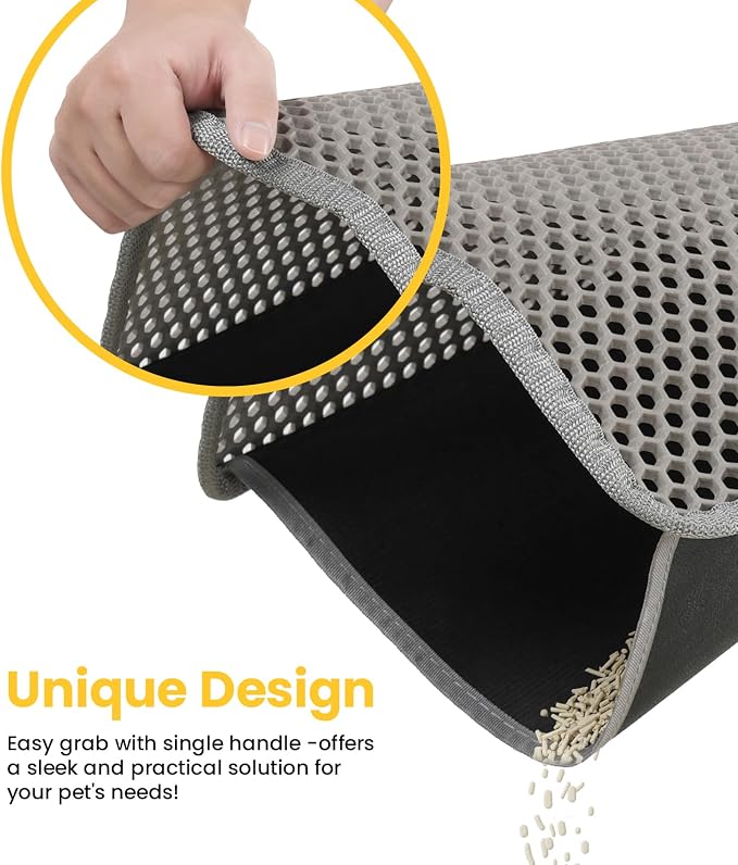Cat Litter Trapping Mat, 27"x19" Universal Fit Litter Box Floor Mat, Hexagon Grids & Anti-Leak Base, Machine Washable, Non-Slip Kitty Mat for Most Homes, Gray