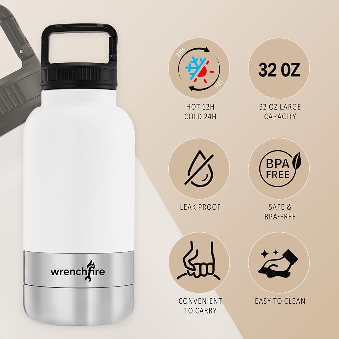 32 oz Instulated Stainless Steel Dog Water Bottle with 2 Detachable Bowls,Portable Cat Travel Dispenser with Brush for Walking Hiking Camping,White