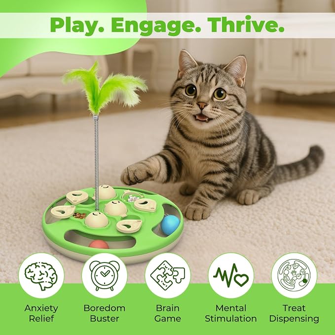 3 in 1 Cat Treat Puzzle Feeder, Level 3 Interactive Cat Puzzle Toy with Track Balls, Feather Teaser & Slow Feeder Insert, Non-Slip Base, Mental Stimulation for Bored Indoor Cats, Green