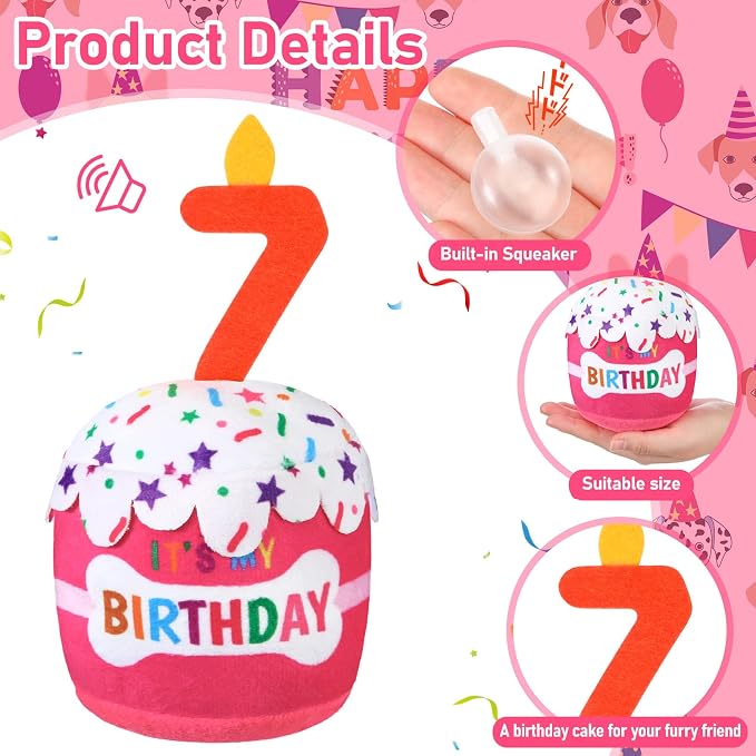 Dansydaisy Dog Birthday Cake Toy Squeaky Plush Toy for Girl Boy Gifts, Chew Accessories for Dog Birthday Party Decor Favor for Large, Medium and Small Dogs(7th,Pink)