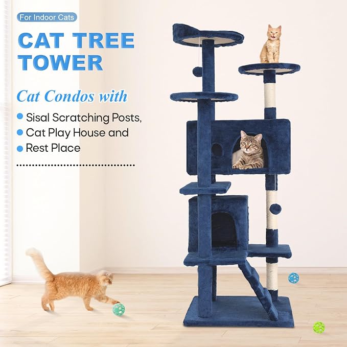 FDW | 54" Cat Tree Tower | Navy Blue | Multi-Level Indoor Activity Center | with Sisal Scratching Posts, Condos, Plush Perches, Hanging Cat Toys | Sturdy, Easy to Assemble | for Kittens & Adult Cats