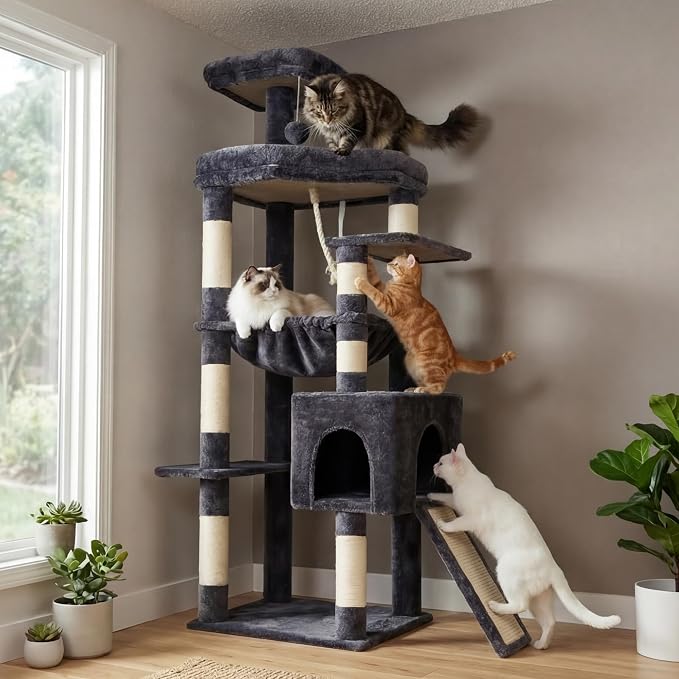 Heybly 64.2" Heavy-Duty Cat Tree for Large Cats with Wide Base HCT027G | Indoor Cat Tower with Scratching Posts & Board, Cat Furniture with Big Platforms, Extra-Large Hammock, Smoky Gray