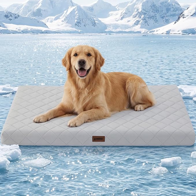 ZOMISIA Orthopedic Cooling Dog Bed, Q-Max>0.5 Cooling Mat XXL for Crate with Removable Washable Cover, Breathable Egg Foam Summer Pad for Furry Pets Outdoor, 47x29 Inch, Grey