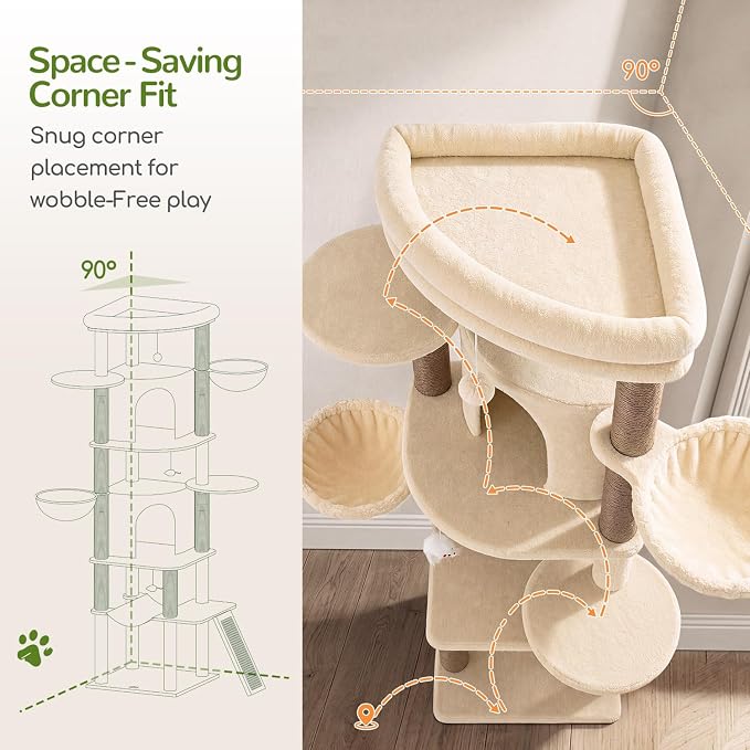 Globlazer 73in Corner Stable Cat Tree for Indoor Cats, C73, Beige | Space-Saving Multi-Level Climbing Tower, Large Fan-Shaped Condos & Top Perch, 8 Full-Sisal Posts & Board, Metal Baskets