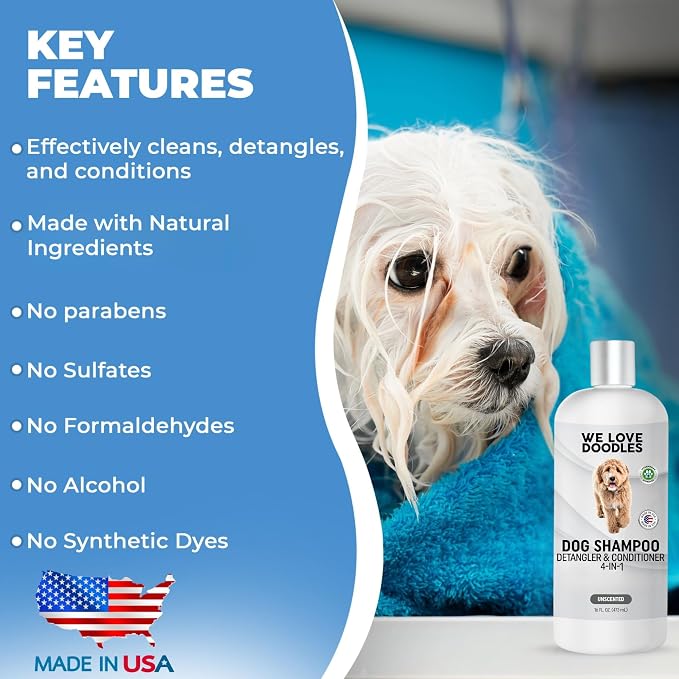 Dog Shampoo Conditioner & Detangler, Hypoallergenic Tearless Unscented 16OZ | For Sensitive Itchy Skin, Best Shampoo For Smelly Dogs, Goldendoodle, Poodle & Doodle, Puppy Pet Wash Soap, USA Made, 4-in-1