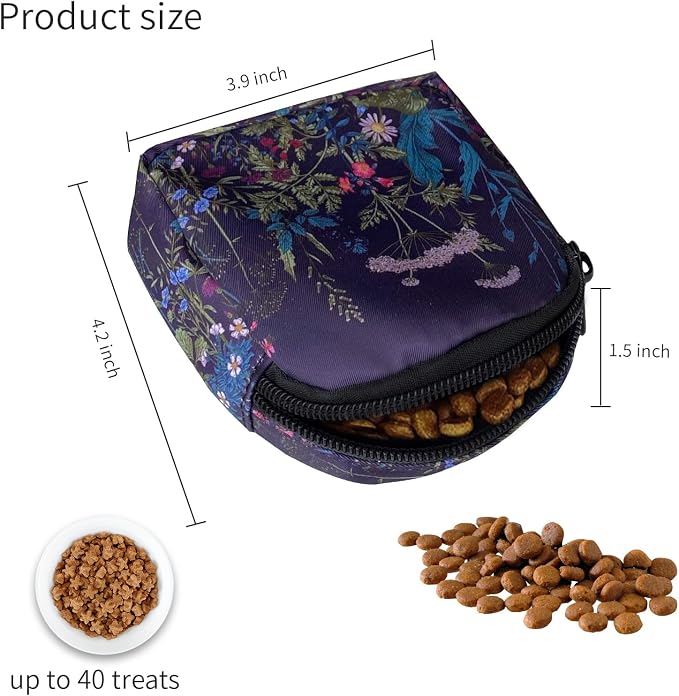 Dog Treat Pouch,Treat Pouches for Pet Training,Portable Snack Reward Dog Food Dispenser for Traveling or Outdoor Use，Black Flower