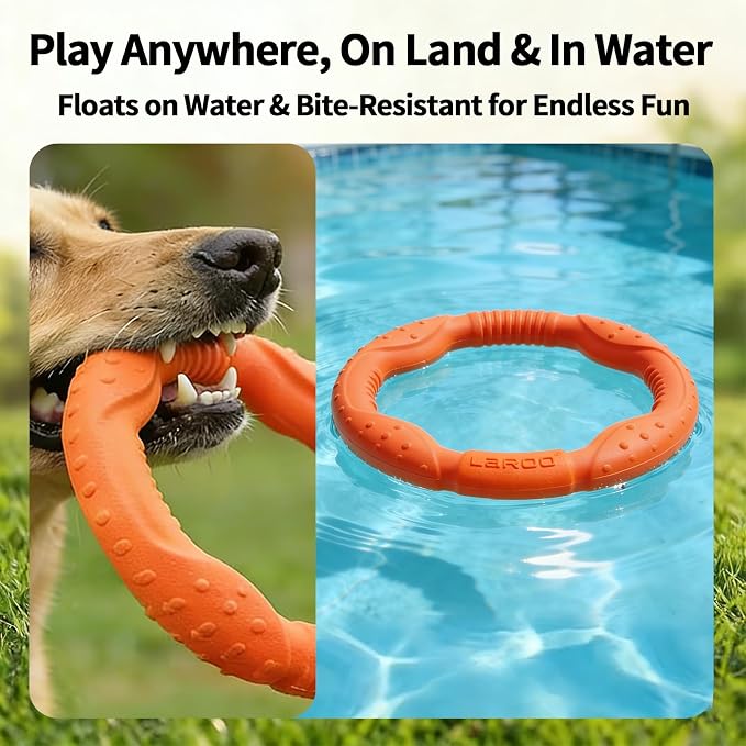 LaRoo Dog Chew Ring Toy for Small Dogs, Durable EVA Floating Puppy Teething Chew Toy, Interactive Tug of War Fetch Toy for Dental Cleaning & Outdoor Play (Orange)
