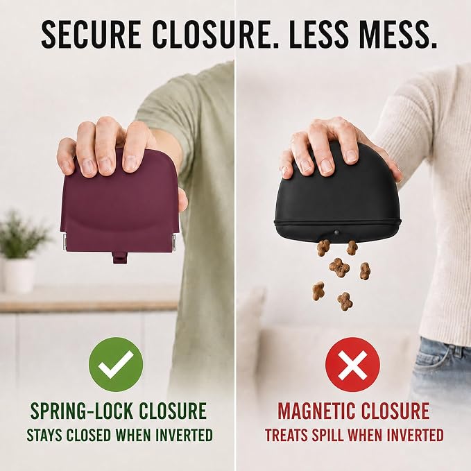 1 Cup Silicone Dog Treat Pouch, Dog Training Treat Bag, Burgundy | One-Hand Use, Auto-Closes, No Spills When Inverted, Carabiner Keeps Pouch Secure, Easy to Clean, Holds Dry or Wet Dog Food