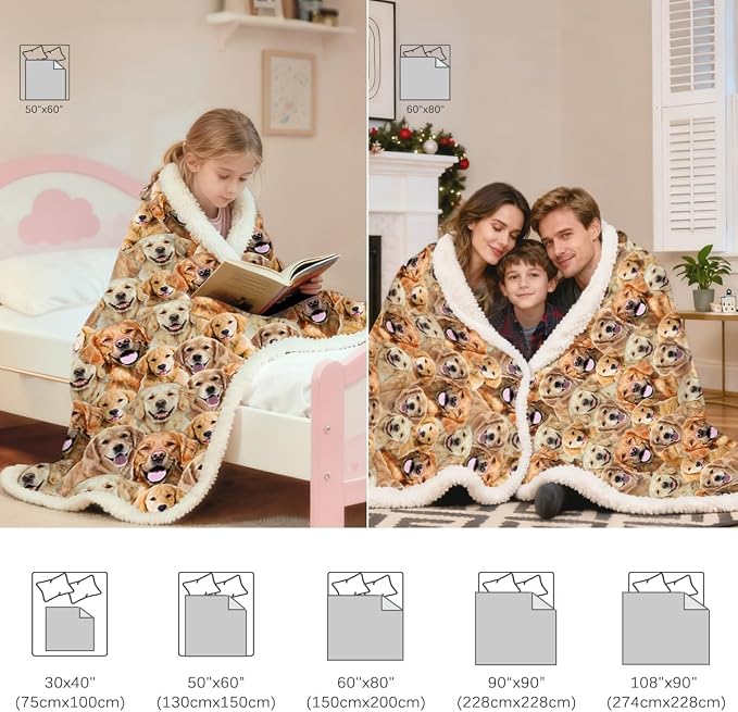 BlessLiving Fuzzy Dogs Blanket for Kids Adults Cute Puppy Fleece Blanket Reversible Animal Pattern Sherpa Throw (Golden Retriever,Twin, 60 x 80 Inches)